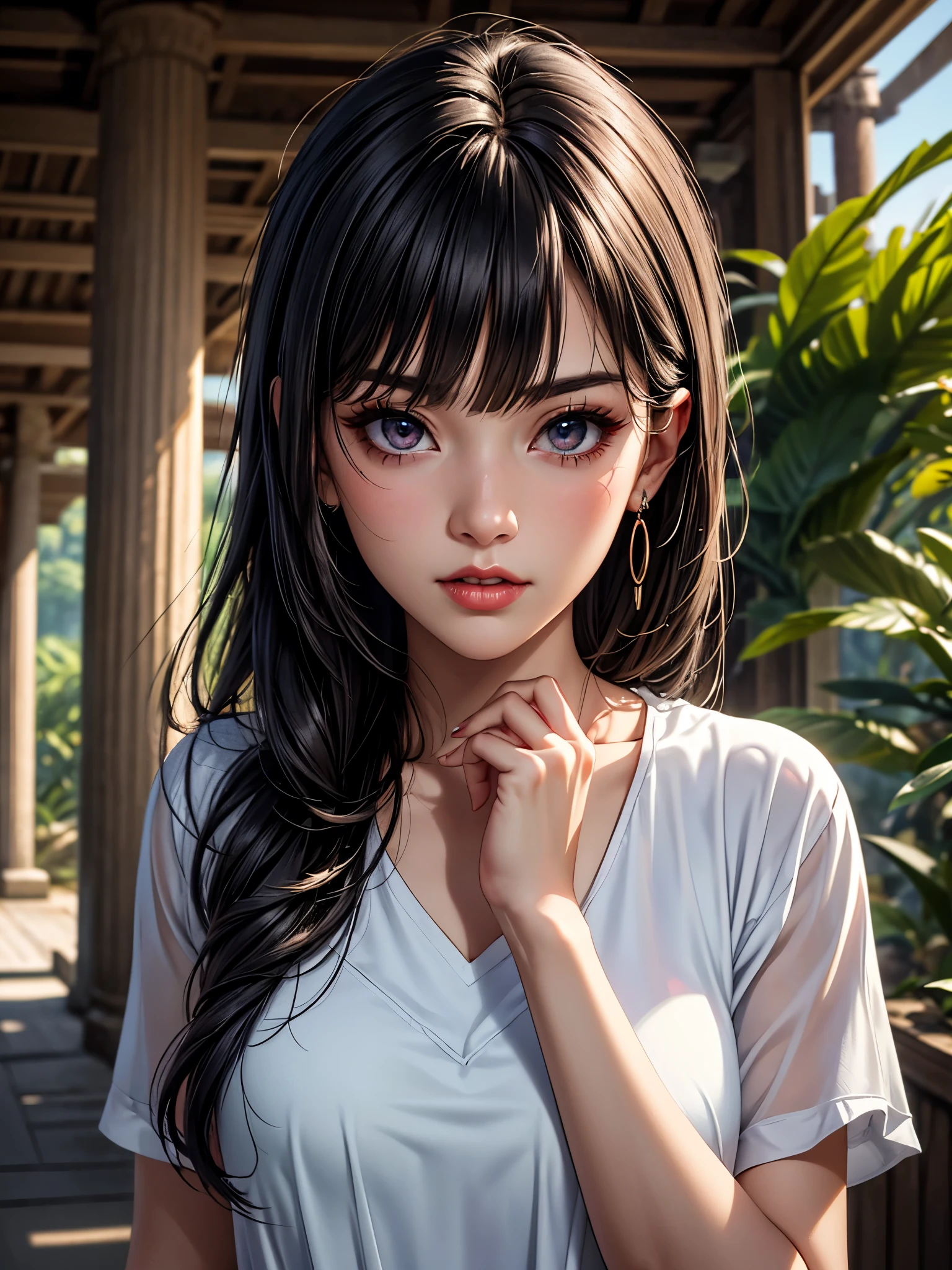 (best quality, 8K, masterpiece:1.3), pretty Woman, 1 girl, beautiful face, (seductive face), Black hair, blunt bangs single sidelock, absurdly long curtained straight hair, white casual dress, Ultra-detailed face, Detailed lips, super detailed eyes, double eyelids, long upper eyelashes, Soft skin, HD skin, Asia, Ancient temple ruins in East Asia, Ancient miracles, [broken building], jungle, 8k, Super detailed, best quality detail, retina, Ultra-high resolution, masterpiece, ccurate