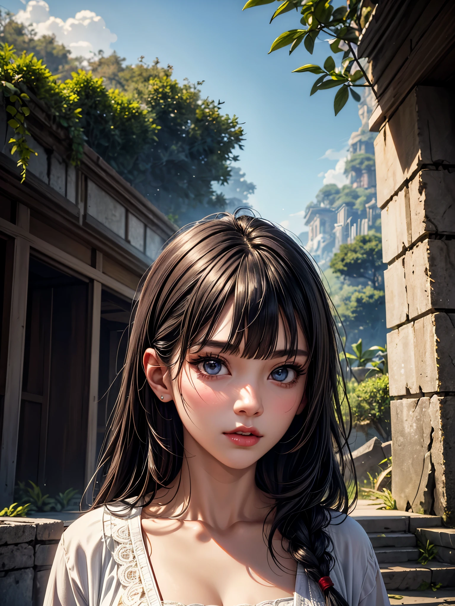 (best quality, 8K, masterpiece:1.3), pretty Woman, 1 girl, beautiful face, (seductive face), Black hair, blunt bangs single sidelock, absurdly long curtained straight hair, white casual dress, Ultra-detailed face, Detailed lips, super detailed eyes, double eyelids, long upper eyelashes, Soft skin, HD skin, Asia, Ancient temple ruins in East Asia, Ancient miracles, [broken building], jungle, 8k, Super detailed, best quality detail, retina, Ultra-high resolution, masterpiece, ccurate