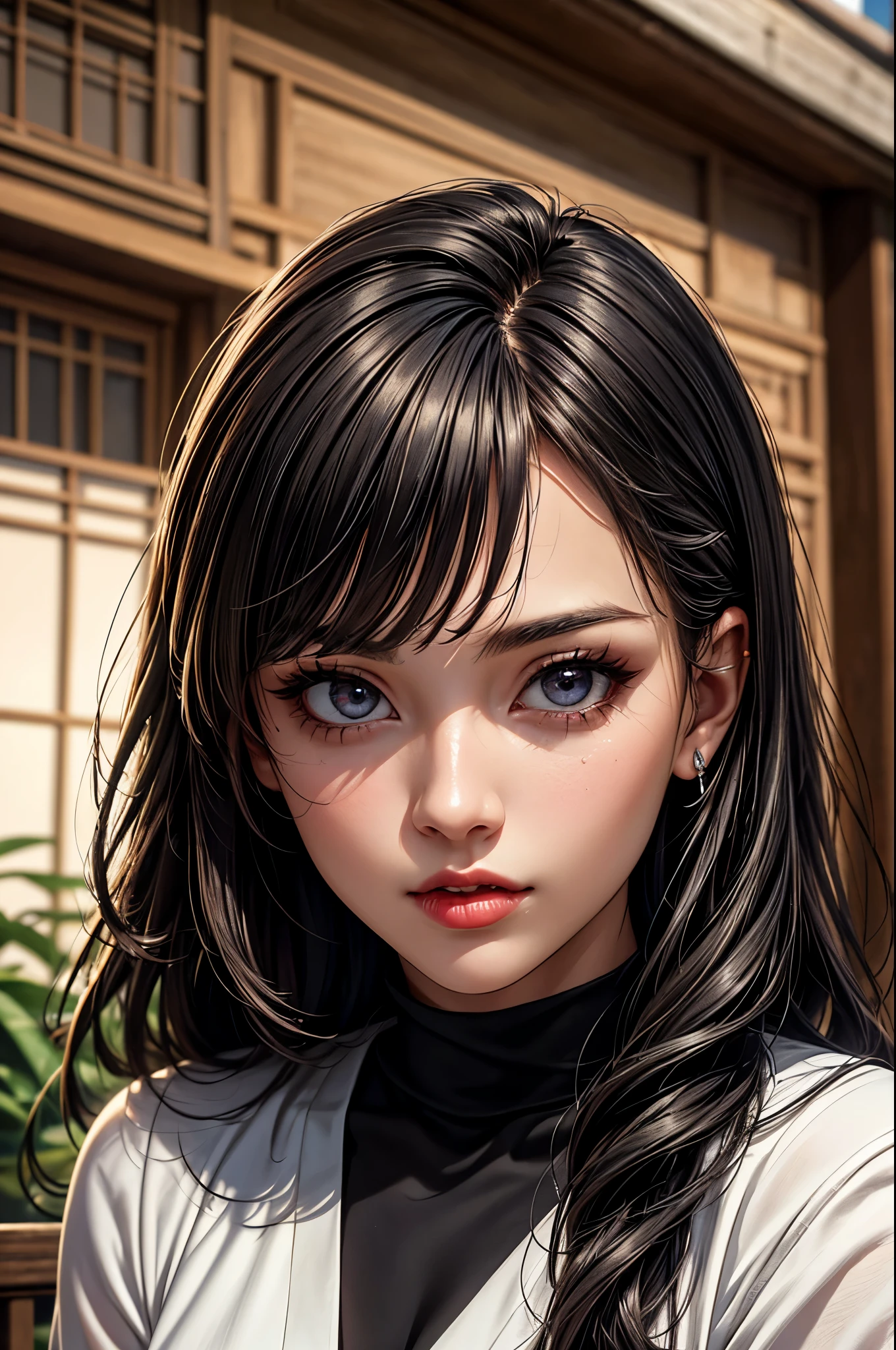 (best quality, 8K, masterpiece:1.3), pretty Woman, 1 girl, beautiful face, (seductive face), Black hair, blunt bangs single sidelock, absurdly long curtained straight hair, white casual dress, Ultra-detailed face, Detailed lips, super detailed eyes, double eyelids, long upper eyelashes, Soft skin, HD skin, Asia, Ancient temple ruins in East Asia, Ancient miracles, [broken building], jungle, 8k, Super detailed, best quality detail, retina, Ultra-high resolution, masterpiece, ccurate