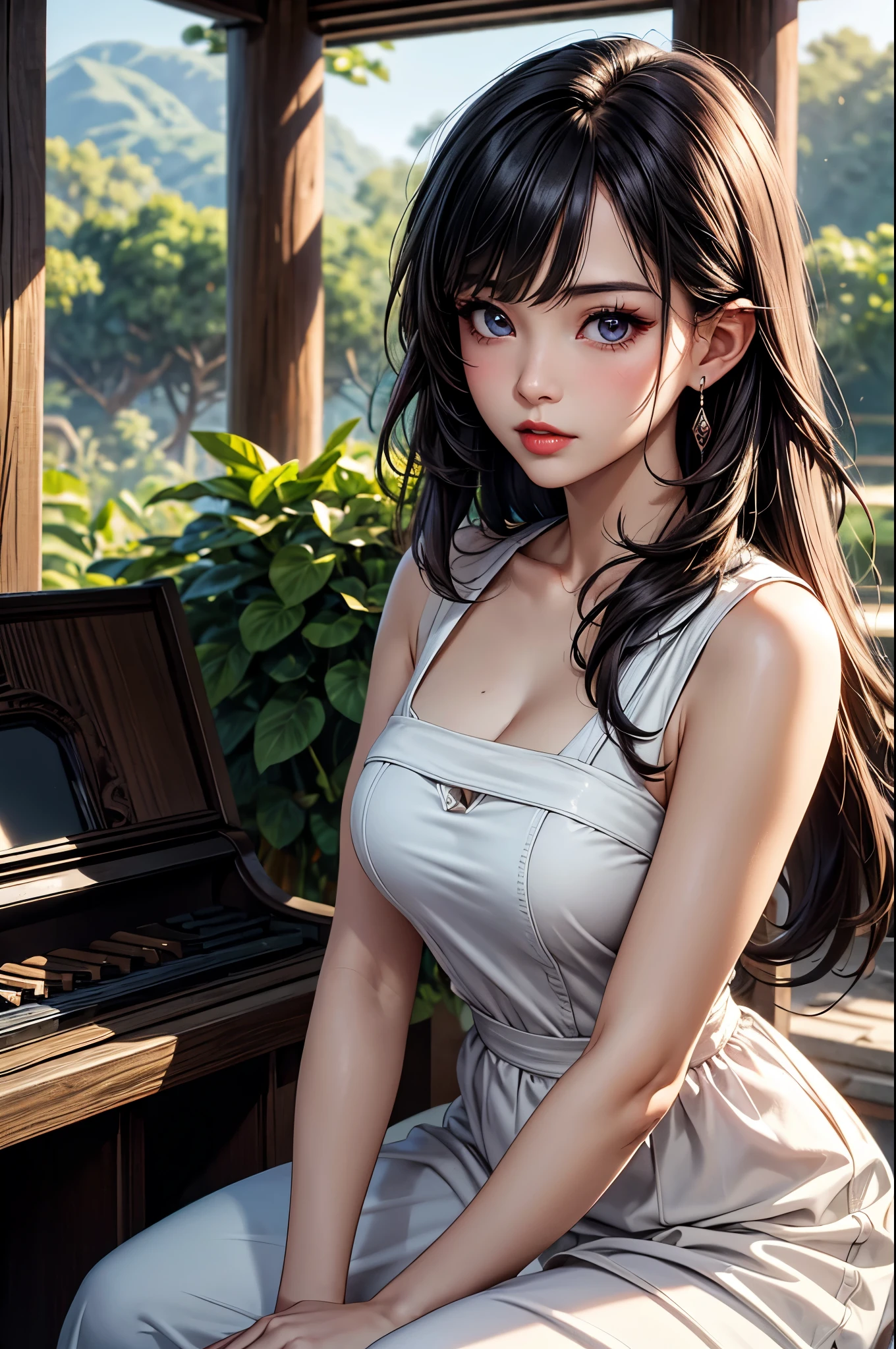 (best quality, 8K, masterpiece:1.3), pretty Woman, 1 girl, beautiful face, (seductive face), Black hair, blunt bangs single sidelock, absurdly long curtained straight hair, white casual dress, Ultra-detailed face, Detailed lips, super detailed eyes, double eyelids, long upper eyelashes, Soft skin, HD skin, Asia, Ancient temple ruins in East Asia, Ancient miracles, [broken building], jungle, 8k, Super detailed, best quality detail, retina, Ultra-high resolution, masterpiece, ccurate