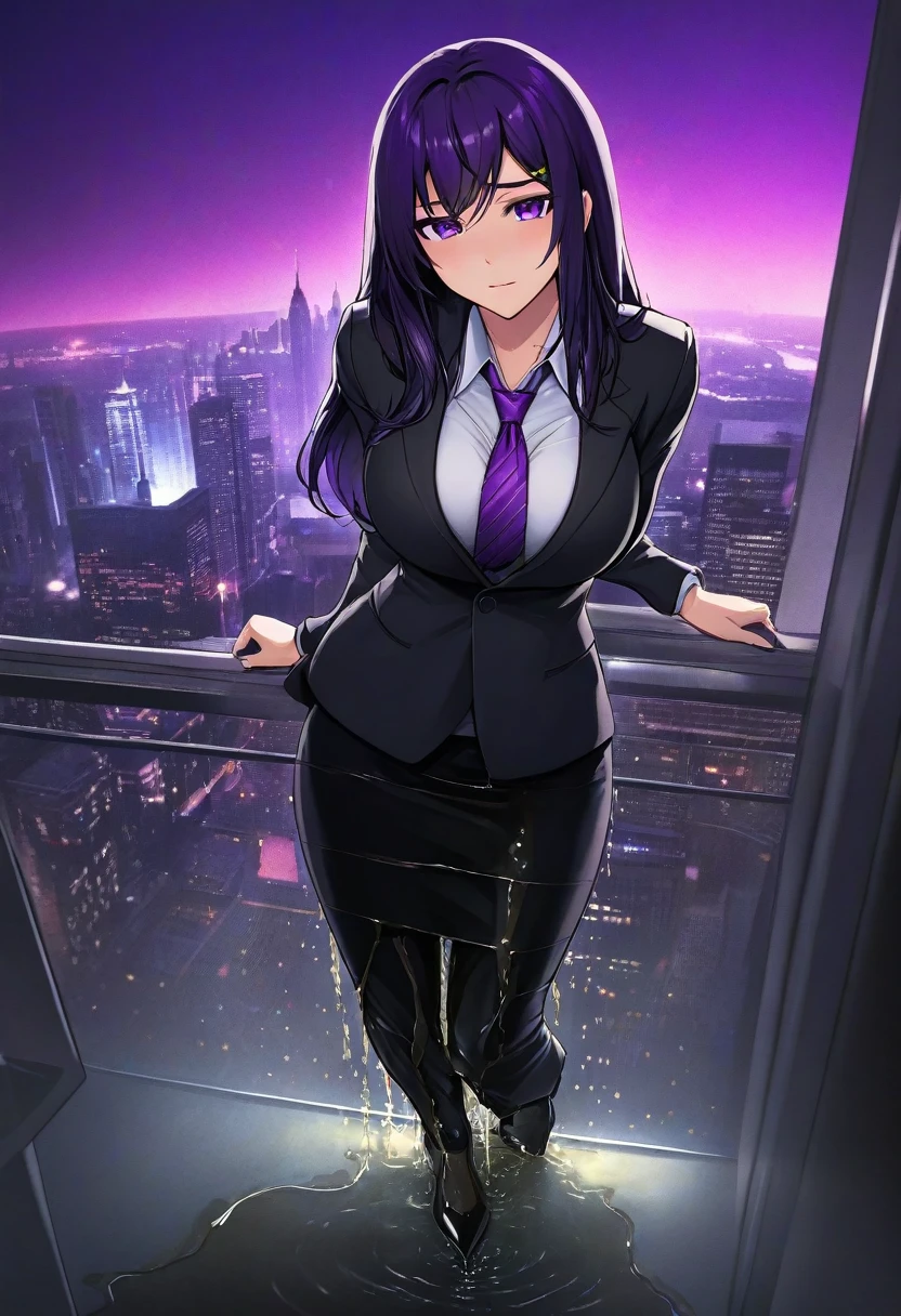 woman, very dark purple hair, purple eyes, long hair, huge breasts, black business suit, necktie, long pencil skirt, pantyhose, standing straight, (wetting herself:2.0), best quality, ultra-detailed, HDR, studio lighting, professional, vivid colors, sharp focus, bokeh, landscape, office, night, window, cityscape, colorful city, neon lights, futuristic, science fiction, soft lighting, dynamic shadows, embarrassed, humiliation, blushing, angry, tears, facing viewer, (hands on hips:1.5)