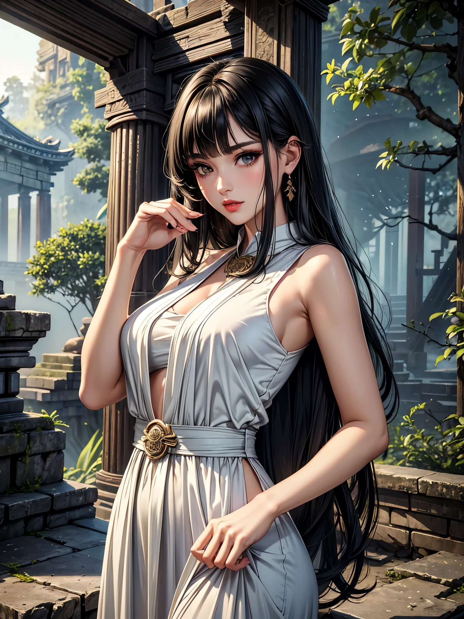 (best quality, 8K, masterpiece:1.3), pretty Woman, 1 girl, beautiful face, (seductive face), Black hair, blunt bangs single sidelock, absurdly long curtained straight hair, white casual dress, Ultra-detailed face, Detailed lips, super detailed eyes, double eyelids, long upper eyelashes, Soft skin, HD skin, Asia, Ancient temple ruins in East Asia, Ancient miracles, [broken building], jungle, 8k, Super detailed, best quality detail, retina, Ultra-high resolution, masterpiece, ccurate