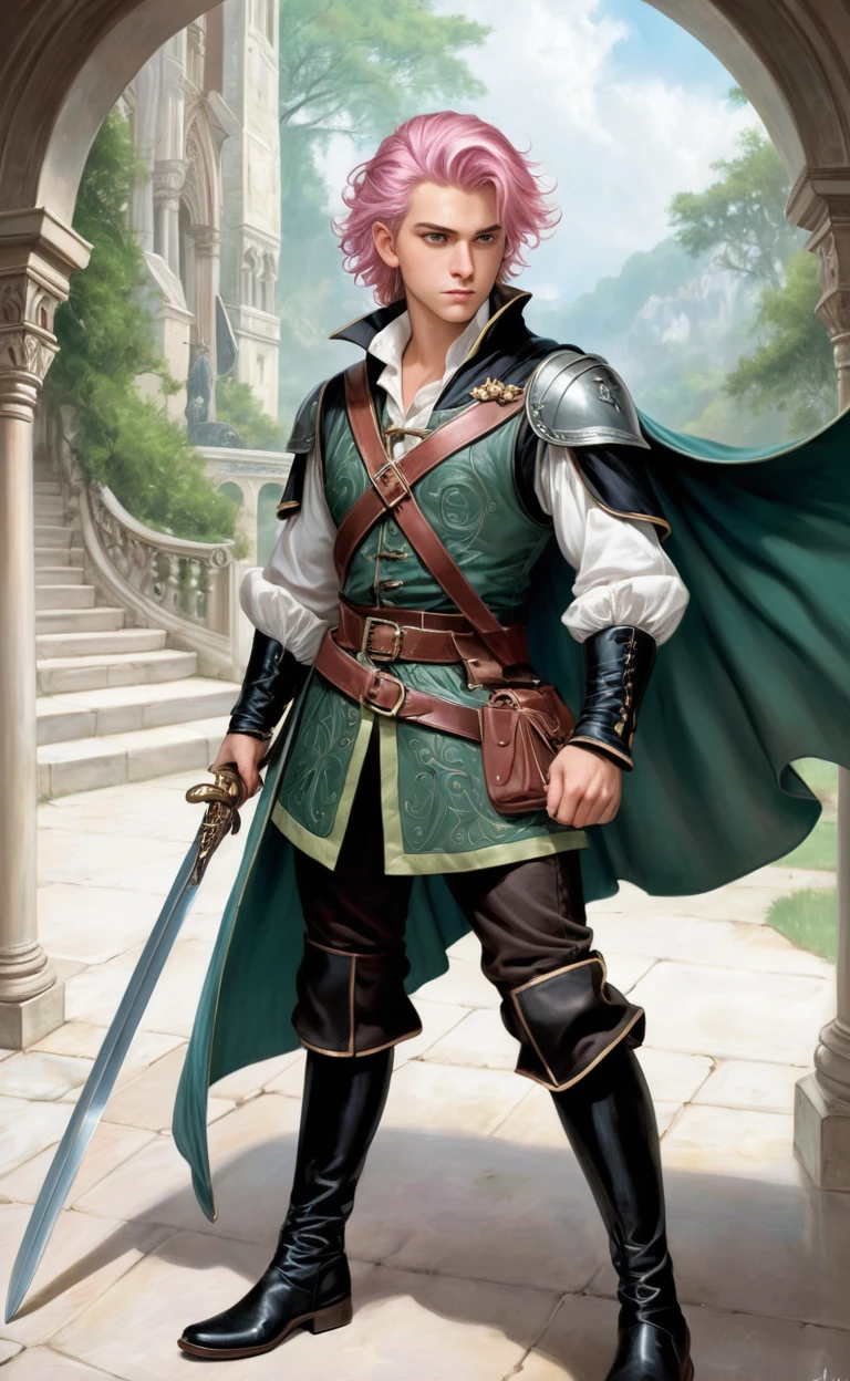 a man holding a sword and shield, ((head-to-toe body perspective of a swashbuckler standing in black leather boots:1.5)), (a pink undercut hairstyle:1.5), (intricately detailed pale green eyes:1.5), (soft blue duelist's cape:1.5), inspired by Noah Bradley, noble half elf male, from pathfinder second edition, weared in black leather armor, androgynous, magali villeneuve'