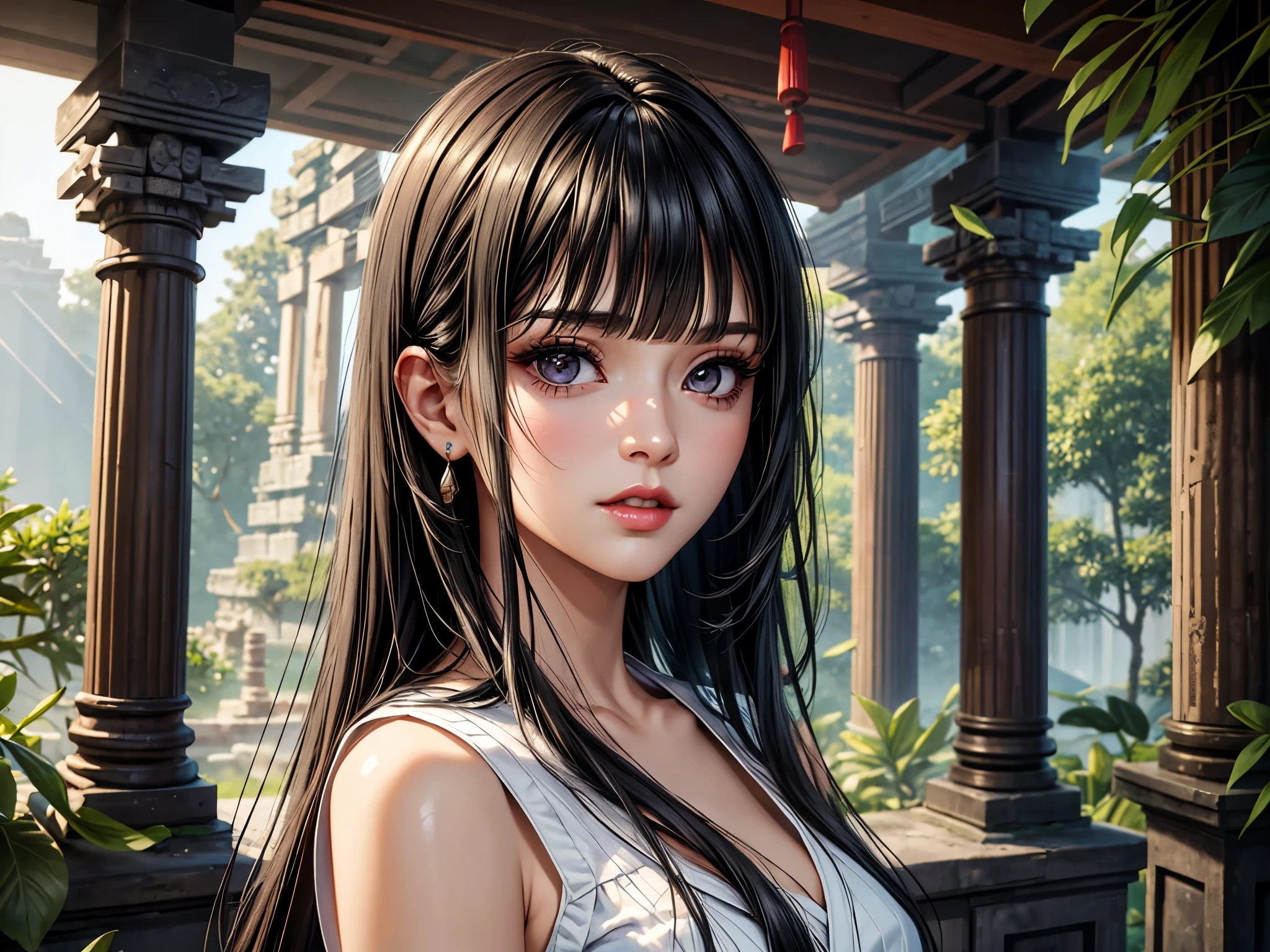 (best quality, 8K, masterpiece:1.3), pretty Woman, 1 girl, beautiful face, (seductive face), Black hair, blunt bangs single sidelock, absurdly long curtained straight hair, white casual dress, Ultra-detailed face, Detailed lips, super detailed eyes, double eyelids, long upper eyelashes, Soft skin, HD skin, Asia, Ancient temple ruins in East Asia, Ancient miracles, [broken building], jungle, 8k, Super detailed, best quality detail, retina, Ultra-high resolution, masterpiece, ccurate