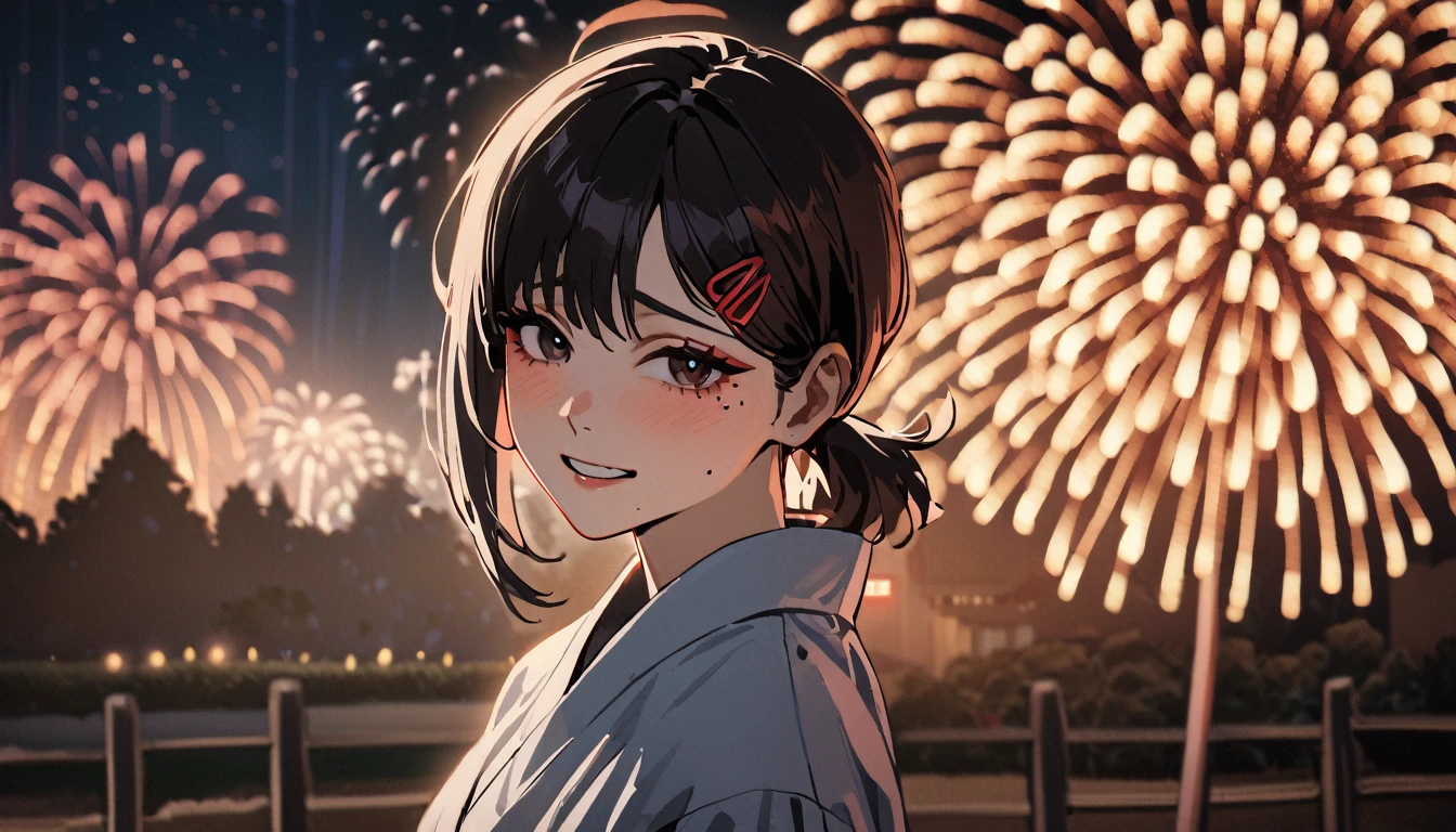 1girl, higashiyama kobeni, wearing kimono, in a cherry blossom park, nighttime, firework in background, (masterpiece), cinematic, beautiful light, best quality, newest,safe, absurdres, wide smile , blushing, close eyes, look at viewers, upper body shot, hand at front holding together