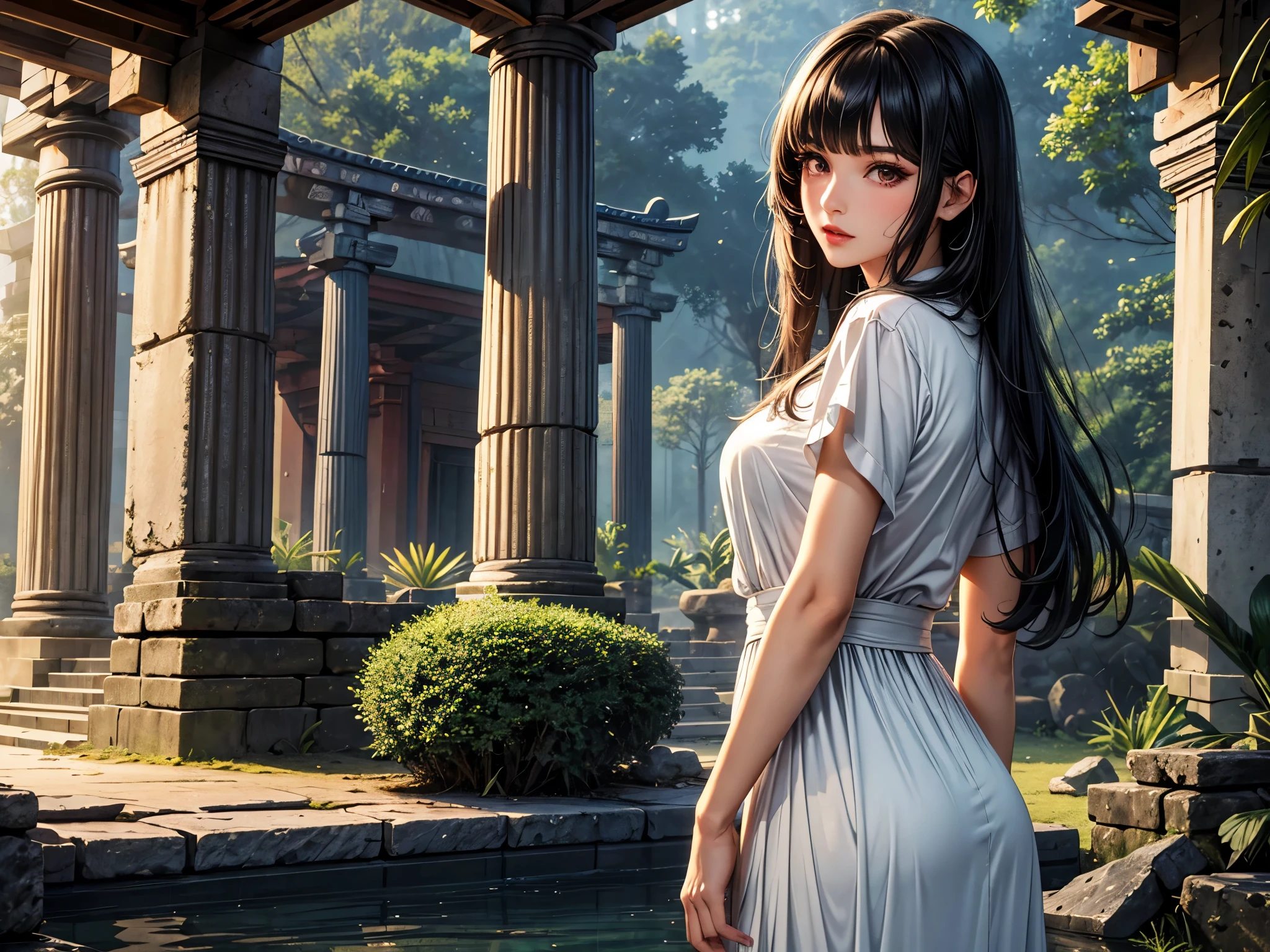 (best quality, 8K, masterpiece:1.3), pretty Woman, 1 girl, beautiful face, (seductive face), Black hair, blunt bangs single sidelock, absurdly long curtained straight hair, white casual dress, Ultra-detailed face, Detailed lips, super detailed eyes, double eyelids, long upper eyelashes, Soft skin, HD skin, Asia, Ancient temple ruins in East Asia, Ancient miracles, [broken building], jungle, 8k, Super detailed, best quality detail, retina, Ultra-high resolution, masterpiece, ccurate