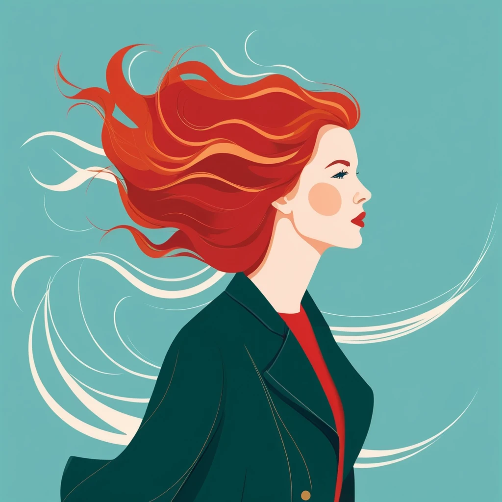 Uma ilustração de estilo plano de uma mulher ruiva com cabelos balançando ao vento, uma mulher. por Clémence Guillemaud


