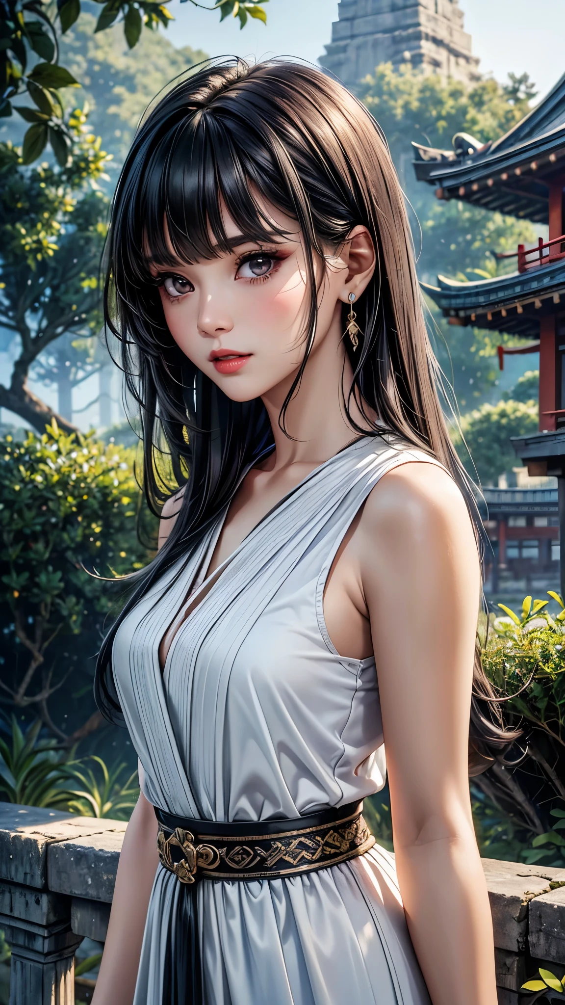 (best quality, 8k, masterpiece:1.3), pretty Woman, 1 girl, pretty face, (Seductive face), black hair, Blunt bangs single side lock, Ridiculously long straight hair, white casual dress, Super detailed的臉部, Detailed lips, super detailed eyes, double eyelids, long upper eyelashes, soft skin, HD Skin, Asia, Ancient temple ruins in East Asia, miracle, [dilapidated building], jungle, 8k, Super detailed, best quality detail, retina, Ultra-high resolution, masterpiece, accurate