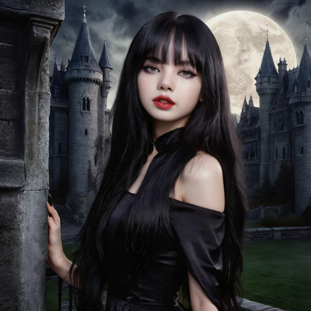 vampire woman, black dress and fantasy castle background, pale vampire woman, long black hair, Lisa de blackpink, Super realistic, defined face, beautiful eyes, pretty lips, shiny hair, sinister and dark background, vampire style