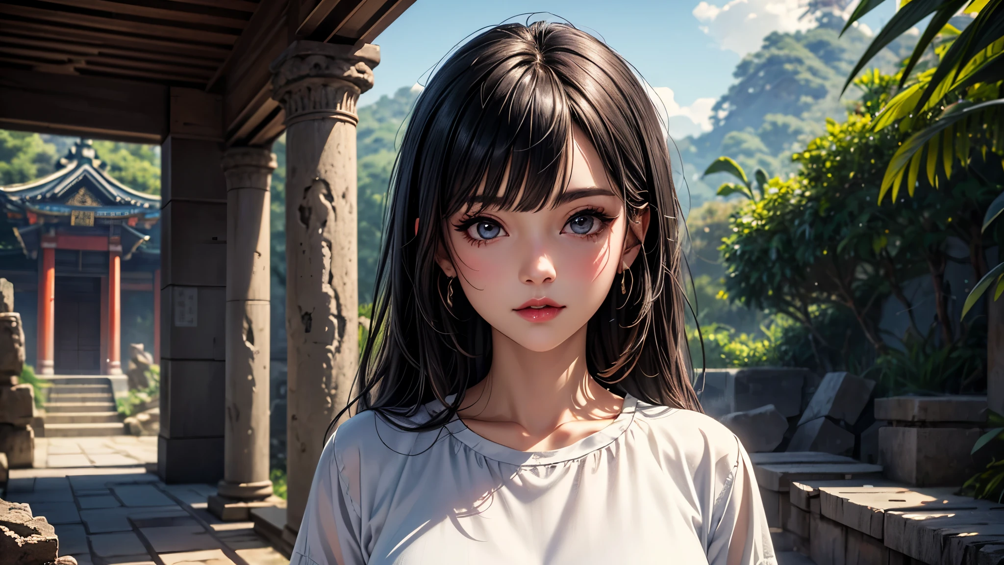 (best quality, 8K, masterpiece:1.3), pretty Woman, 1 girl, beautiful face, (seductive face), Black hair, blunt bangs single sidelock, absurdly long curtained straight hair, white casual dress, Ultra-detailed face, Detailed lips, super detailed eyes, double eyelids, long upper eyelashes, Soft skin, HD skin, Asia, Ancient temple ruins in East Asia, Ancient miracles, [broken building], jungle, 8k, Super detailed, best quality detail, retina, Ultra-high resolution, masterpiece, ccurate