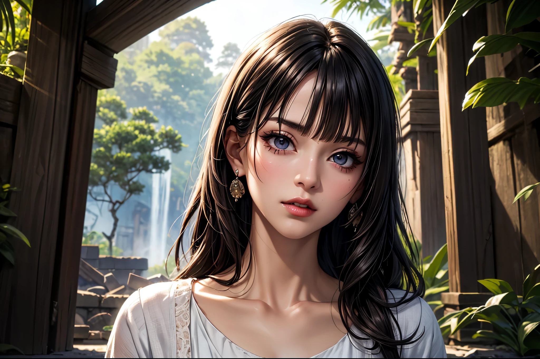 (best quality, 8K, masterpiece:1.3), pretty Woman, 1 girl, beautiful face, (seductive face), Black hair, blunt bangs single sidelock, absurdly long curtained straight hair, white casual dress, Ultra-detailed face, Detailed lips, super detailed eyes, double eyelids, long upper eyelashes, Soft skin, HD skin, Asia, Ancient temple ruins in East Asia, Ancient miracles, [broken building], jungle, 8k, Super detailed, best quality detail, retina, Ultra-high resolution, masterpiece, ccurate