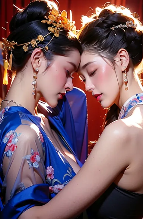 A couple of women sitting together,Hug each other，kiss，Lustfully:1.4,Taoism,Monogram,(The Chinese hairpin on her head:1.5),Use a...