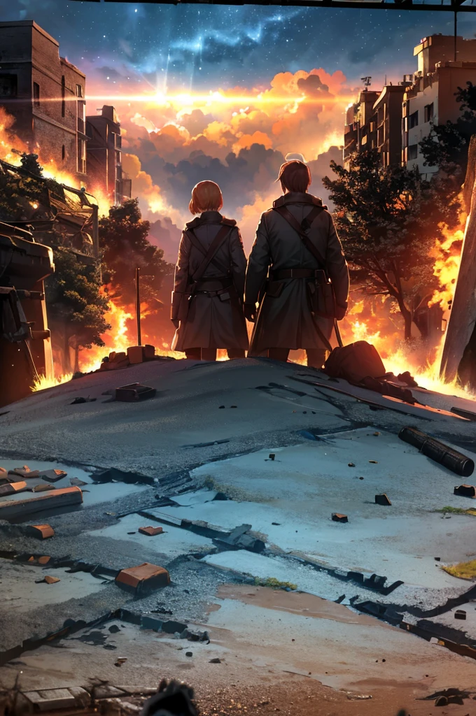 3d brave soldiers Create a scene set in the Second World War of brave soldiers on the battlefield in different scenarios, reflective and historical atmosphere, German invasion Ruined city, battlefield, ruins, smoke, orange sky, dust, radiation, Starry sky, from below, Wide-angle lens, movie lighting, vague, Ultra wide angle, best quality, 8k