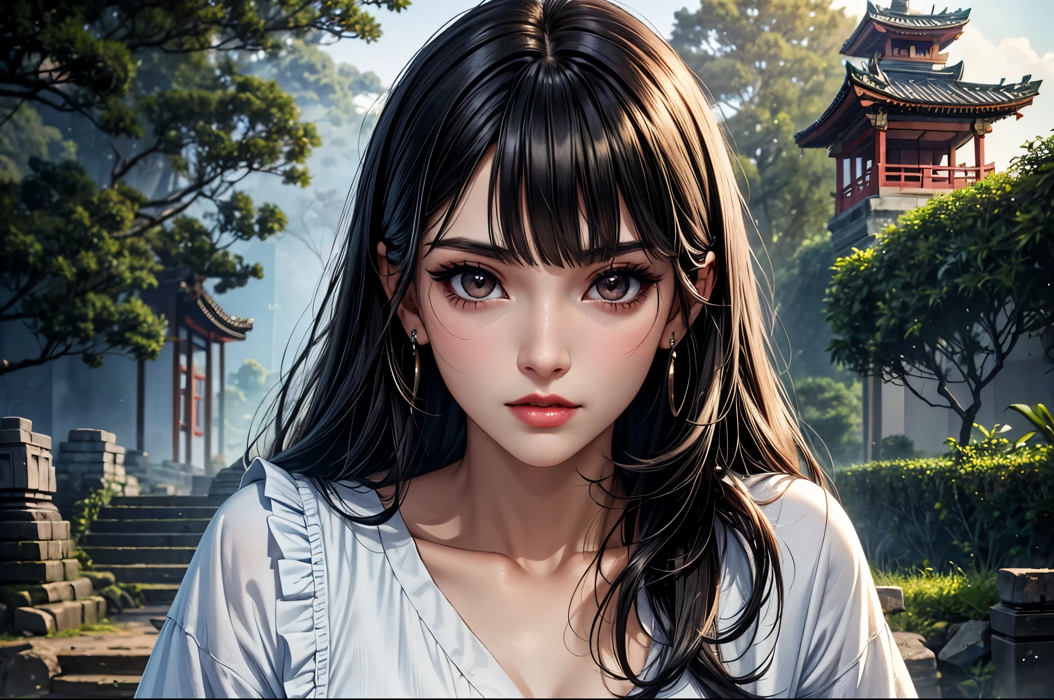 (best quality, 8K, masterpiece:1.3), pretty Woman, 1 girl, beautiful face, (seductive face), Black hair, blunt bangs single sidelock, absurdly long curtained straight hair, white casual dress, Ultra-detailed face, Detailed lips, super detailed eyes, double eyelids, long upper eyelashes, Soft skin, HD skin, Asia, Ancient temple ruins in East Asia, Ancient miracles, [broken building], jungle, 8k, Super detailed, best quality detail, retina, Ultra-high resolution, masterpiece, ccurate