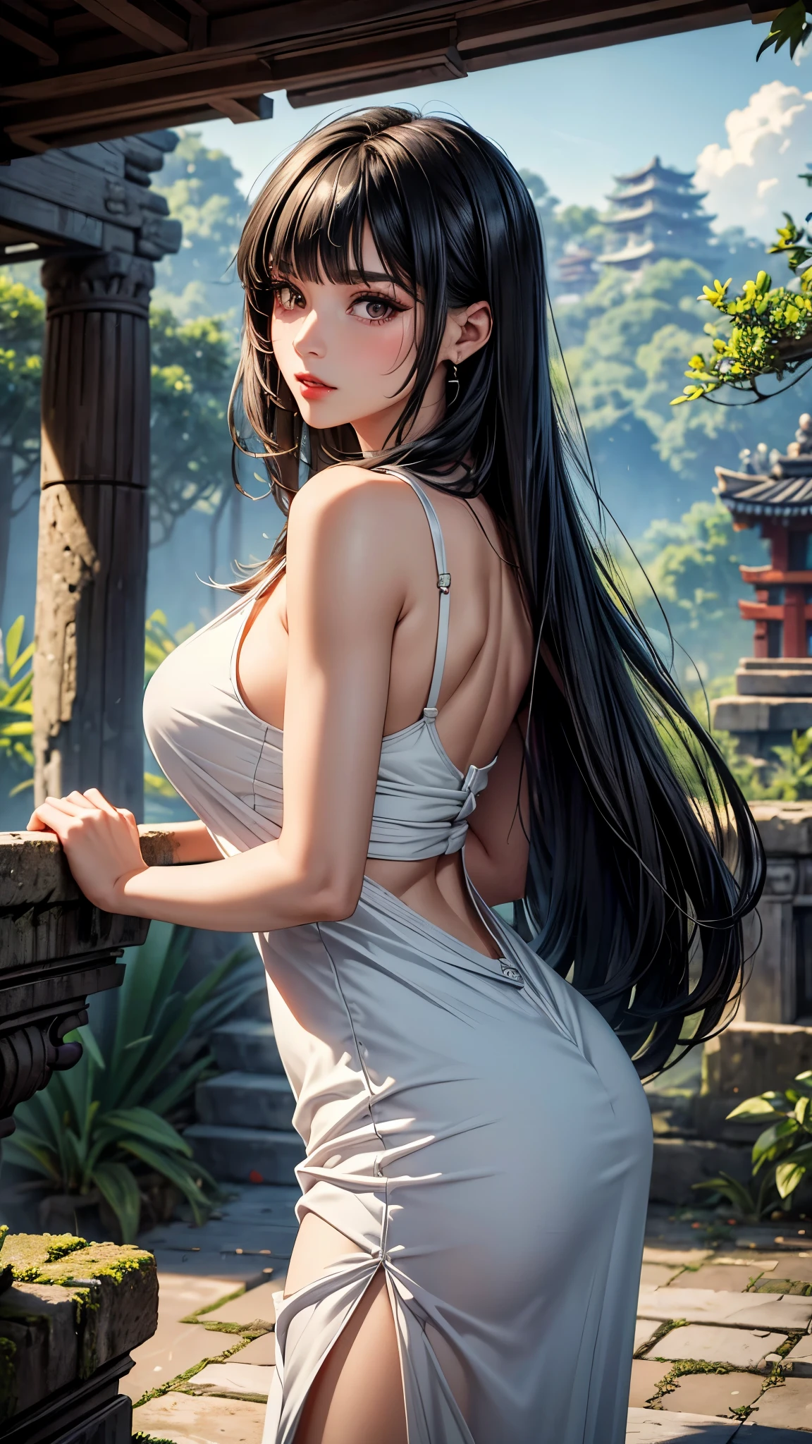 (best quality, 8K, masterpiece:1.3), pretty Woman, 1 girl, beautiful face, (seductive face), Black hair, blunt bangs single sidelock, absurdly long curtained straight hair, white casual dress, Ultra-detailed face, Detailed lips, super detailed eyes, double eyelids, long upper eyelashes, Soft skin, HD skin, Asia, Ancient temple ruins in East Asia, Ancient miracles, [broken building], jungle, 8k, Super detailed, best quality detail, retina, Ultra-high resolution, masterpiece, ccurate