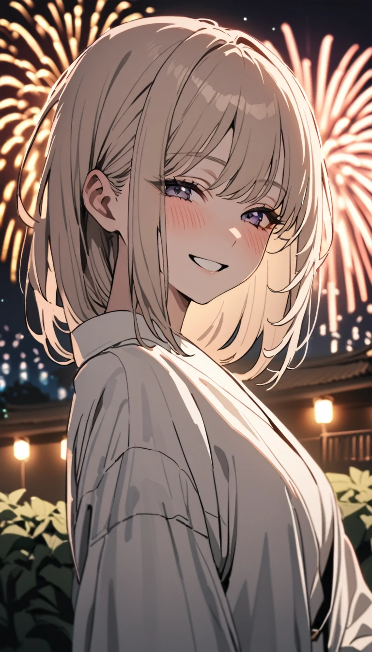 1girl, power from chainsaw man, wearing white kimono, in a cherry blossom park, nighttime, firework in background, (masterpiece), cinematic, beautiful light, best quality, newest,safe, absurdres, smiling , look at viewers, wide smile , blushing, close eyes, look at viewers, (upper body shot), hand at front holding together, fujimoto tatsuki style