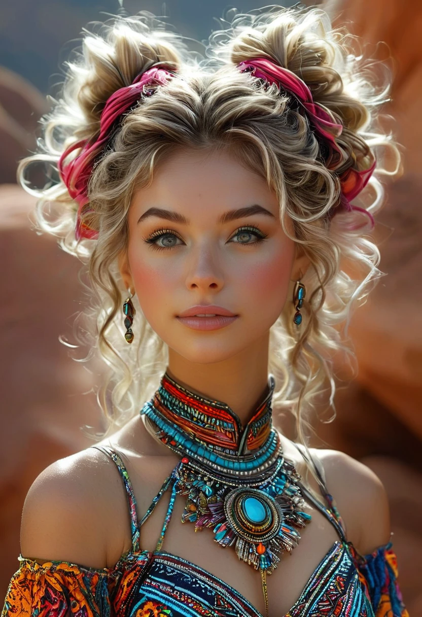 Beautiful boho women stunning merge of Masiela Lusha with colorful southwestern style dress. colorful southwestern earing and. jewelry, blond colored hair that is coarse, wiry, and tightly curled. It often has a rough texture, feels stiff to the touch, and may be prone to frizz and tangling. The curls can be densely packed. cute, girly, sexy. The Official Art – An Award-Winning Digital Masterpiece In 4K Ultra HD, Extreme Detail And Intricate Realism. symmetrical face. This Concept Art Brought To Life By The Hands Of Artists Like Wlop & Artgerm In A Stunning 2D Vector Illustration. large, perky, full, vuluptious, symmetrical and spherical breasts. Background is a beautiful panoramic vista of a red rock canyon.
