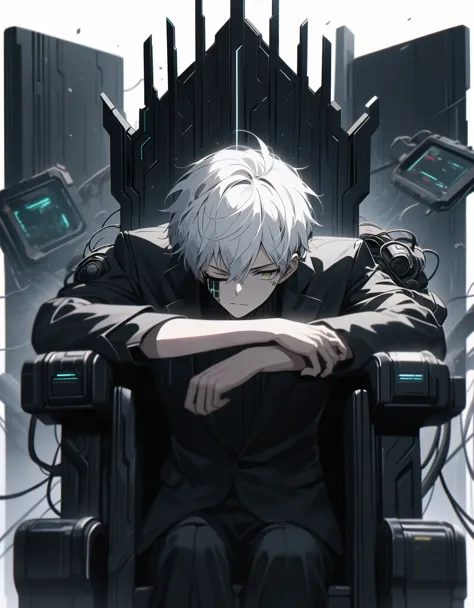 (score_9, score_8_up, score_7_up), zpdxl, 1 man, alone, facing forward, iron chair, black throne, black suit, black stripe on fa...