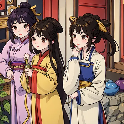 ( best quality, ancient china, two girl) 1 girl; long hair tied in two tomatoes, brown hair , purple eyes, pastel yellow chinese...