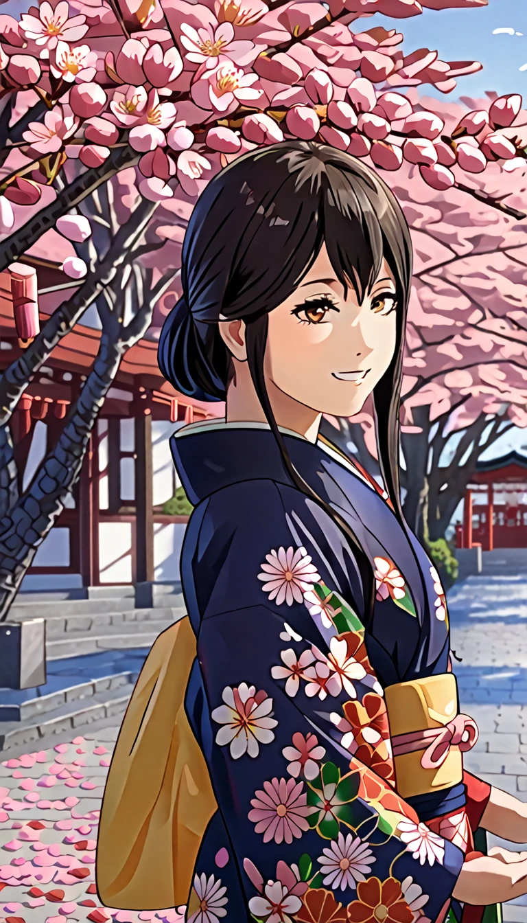 1girl, higashiyama kobeni, wearing kimono, in a cheery blossom park, cherry blossom petals falling in the background, (masterpiece), cinematic, beautiful light, best quality, newest,safe, absurdres, smiling , close eyes, look at camera, tilt head, turn head back