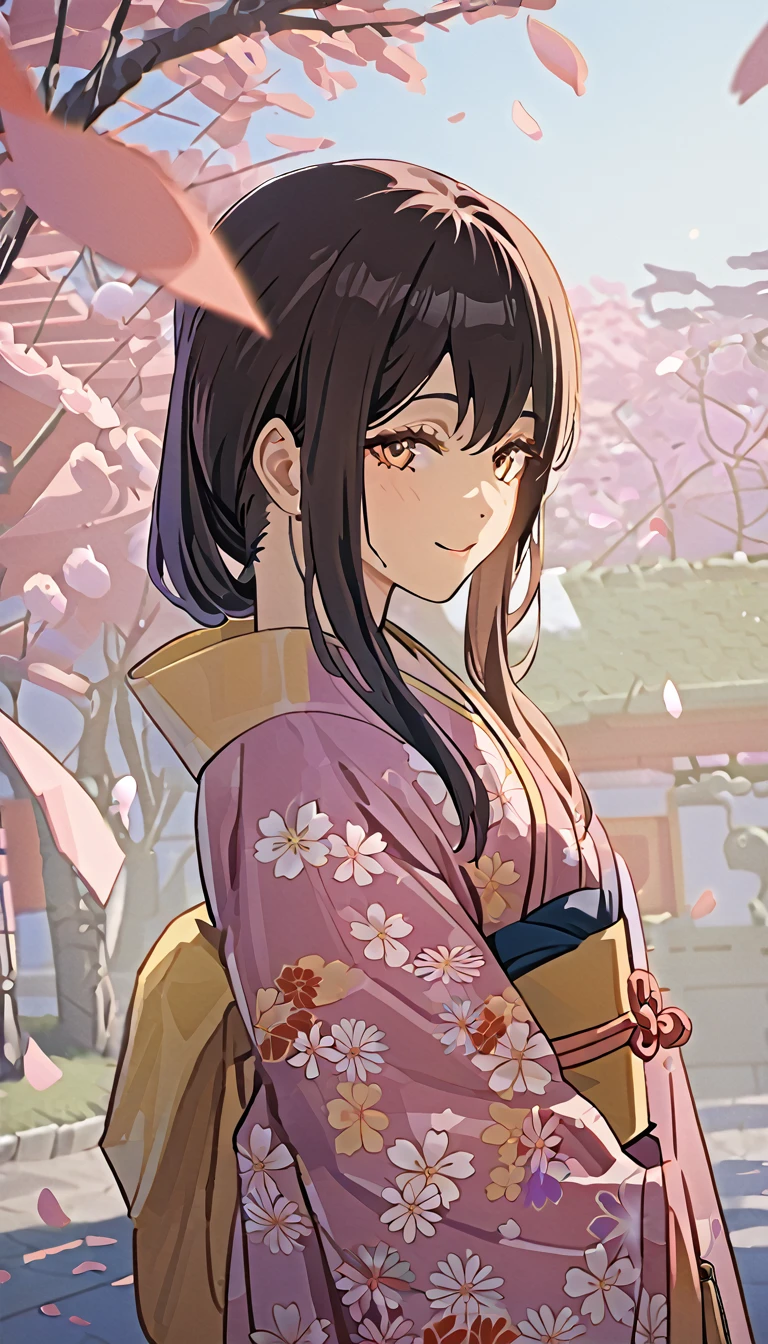 1girl, higashiyama kobeni, wearing kimono, in a cheery blossom park, cherry blossom petals falling in the background, (masterpiece), cinematic, beautiful light, best quality, newest,safe, absurdres, smiling , close eyes, look at camera, tilt head, turn head back