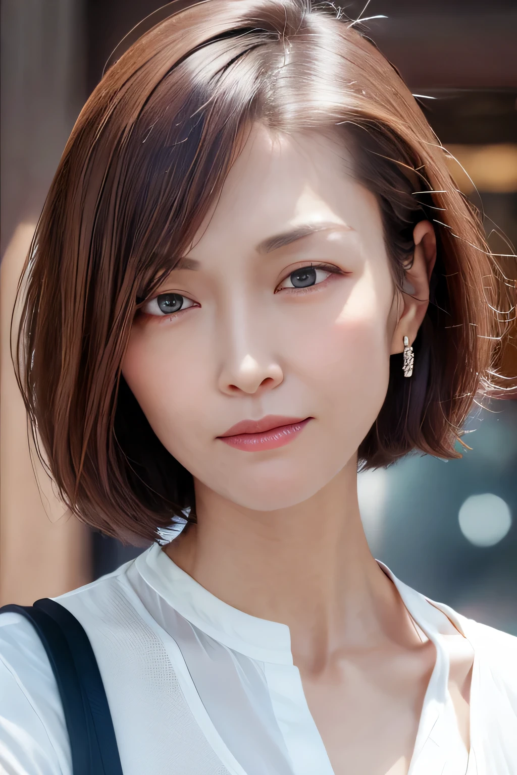 light brown hair, short bob cut hair, furrowed brow, half-closed eyes, angry, frown, depth of field, uhd, anatomically correct, high details, best quality, 8k, One Japanese woman、Age 35、Close-up with focus on face、Frowning、Half-open mouth、Dark Eyes、Detailed face、Detailed eyes、Focused eyes、Accurate line of sight、