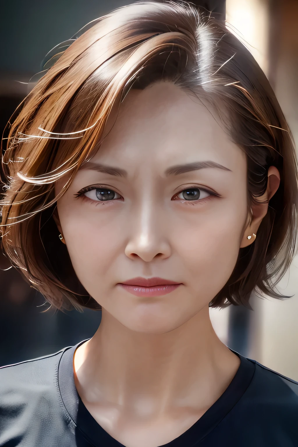 light brown hair, short bob cut hair, furrowed brow, half-closed eyes, angry, frown, depth of field, uhd, anatomically correct, high details, best quality, 8k, Close-up with focus on face、Frowning、Half-open mouth、