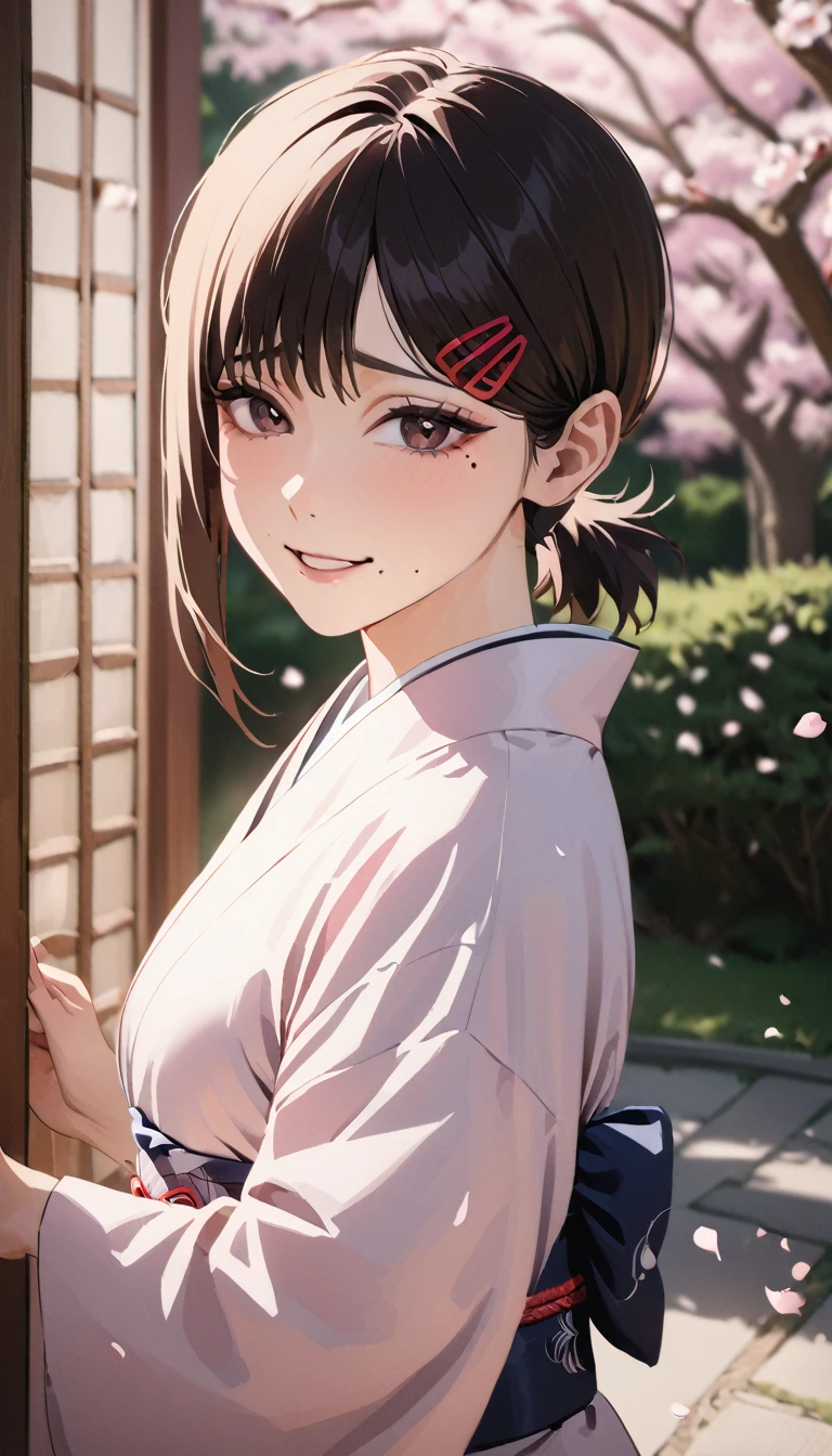 1girl, higashiyama kobeni, wearing kimono, in a cheery blossom park, cherry blossom petals falling in the background, (masterpiece), cinematic, beautiful light, best quality, newest,safe, absurdres, smiling , close eyes, look at camera, tilt head, turn head back