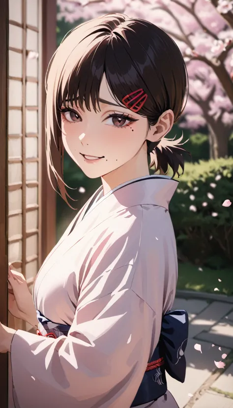 1girl, higashiyama kobeni, wearing kimono, in a cheery blossom park, cherry blossom petals falling in the background, (masterpie...