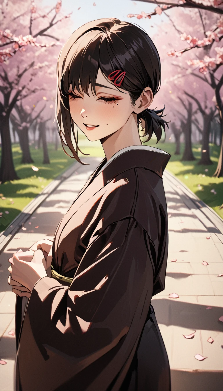 1girl, higashiyama kobeni, wearing kimono, in a cheery blossom park, cherry blossom petals falling in the background, (masterpiece), cinematic, beautiful light, best quality, newest,safe, absurdres, smiling , close eyes, look at camera, tilt head, turn head back