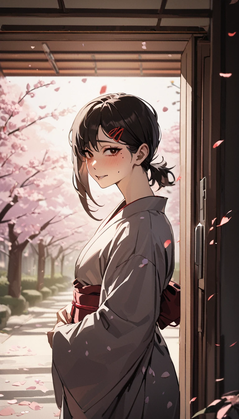 1girl, higashiyama kobeni, wearing kimono, in a cheery blossom park, cherry blossom petals falling in the background, (masterpiece), cinematic, beautiful light, best quality, newest,safe, absurdres, wide smile, blushing, look at camera, tilt head, turn head back