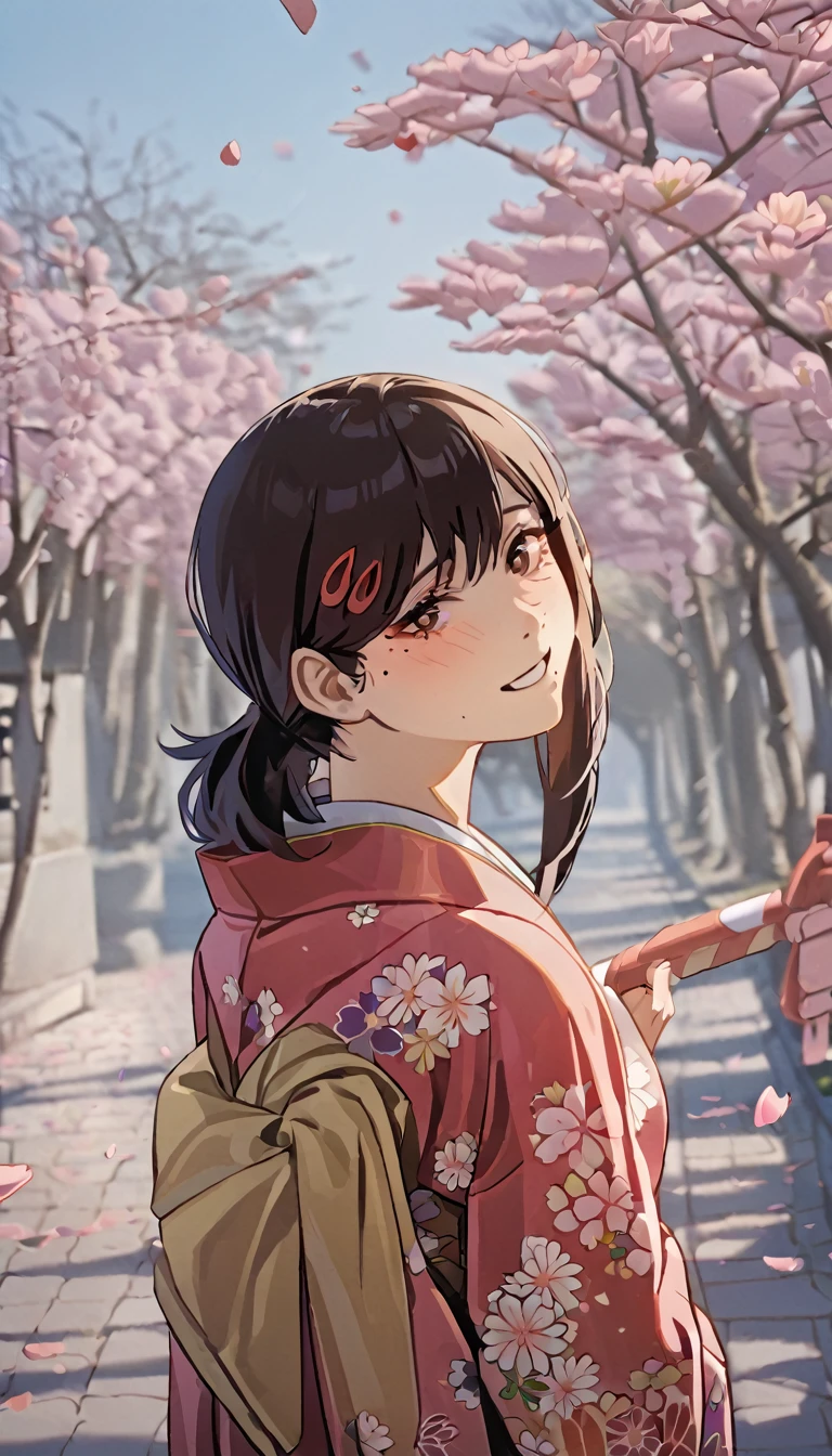 1girl, higashiyama kobeni, wearing kimono, in a cheery blossom park, cherry blossom petals falling in the background, (masterpiece), cinematic, beautiful light, best quality, newest,safe, absurdres, wide smile, blushing, look at camera, tilt head, turn head back