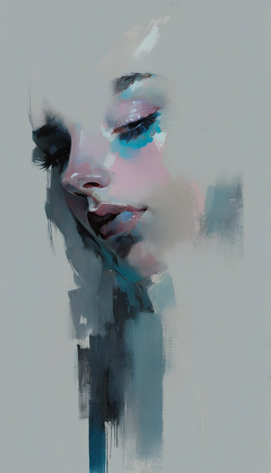 Un retrato contemporáneo de una persona en el estilo expresivo y pictórico de Malcolm Liepke., Primer plano del rostro del sujeto con pinceladas fuertes y dinámicas, Concéntrese en capturar la profundidad y la textura., Reflejos de color rosa claro y azul brillante y áreas vibrantes, azul apagado, azul grisáceo oscuro, gris muy oscuro, y sombras de color azul grisáceo claro y profundidad., Variaciones sutiles de la misma paleta de colores en el fondo., Elegancia moderna e intensidad emocional.