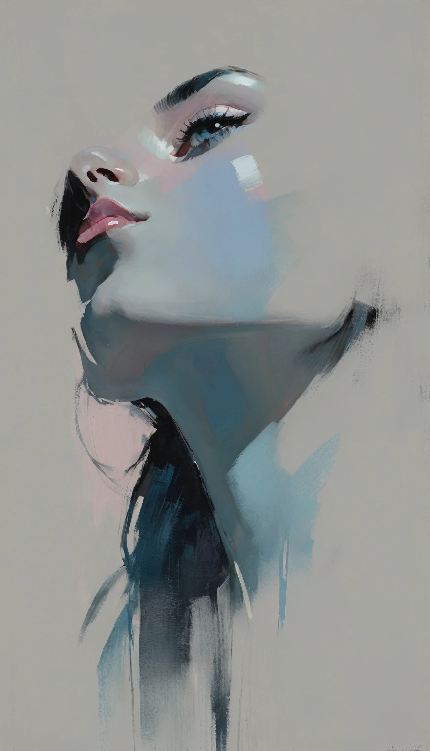 un portrait contemporain d&#39;une personne dans le style expressif et pictural de Malcolm Liepke, gros plan du visage du sujet avec de forts coups de pinceau dynamiques, concentrez-vous sur la capture de la profondeur et de la texture, reflets rose clair et bleu vif et zones vibrantes, bleu sourd, bleu grisâtre foncé, gris très foncé, et ombres et profondeur bleu grisâtre clair, variations subtiles de la même palette de couleurs en arrière-plan, élégance moderne et intensité émotionnelle