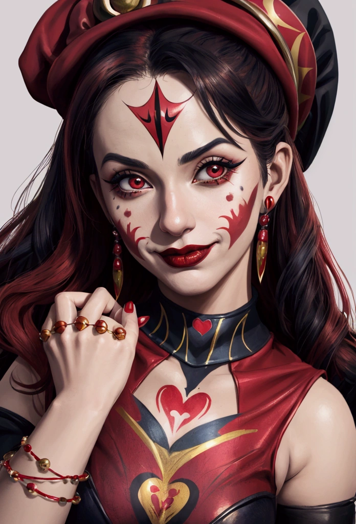 Eine Nahaufnahme einer Frau in einem Kostüm mit einem rot-goldenen Anzug, trägt einen rot-schwarzen Narrenhut mit einer schwarzen Spitze, jester hat, ausgefallener lustiger Hut, artgerm julie bell beeple, Clown-Mädchen, Porträt des modernen Darna, artgerm and lois van baarle, Harley-Königin, jester, artgerm bunt!!!, Narr Themen, artgerm style, artgerm detailliert, Porträt von Harley Quinn