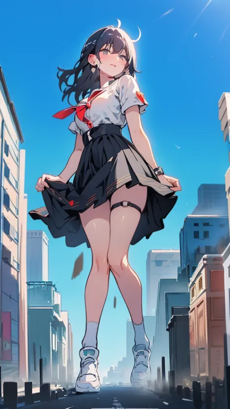 composition viewed from below　((街の谷間にbackを向けて立っている巨大な女子高生))　((school uniform))　((back))　((butt))　short skirt　big breasts　　white ...