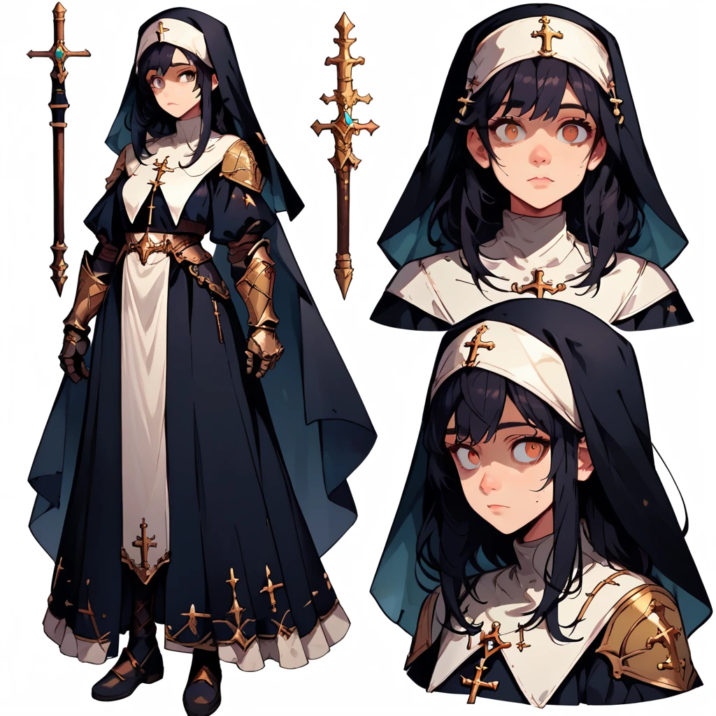 score_9, score_8_up, score_7_up, nun girl, armor, helmet, golden shoulders, looking at viewer, cute, simple black background, dynamic pose, reference sheet, (full body, from side, front:1.1), bangs covering face, cold look, dark eyes, dark hair, empty eyes, upper body, cartoon, CharacterDesignXL
