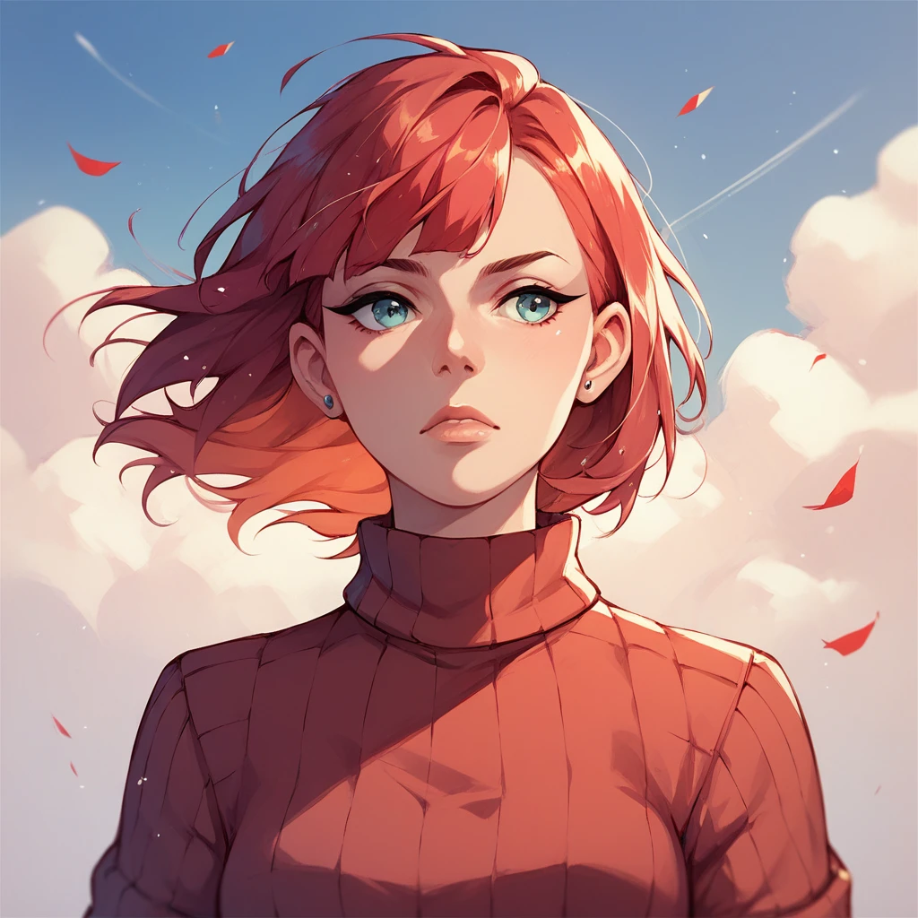 A flat style illustration a red-haired woman with hair blowing in the wind, a woman. by Clémence Guillemaud