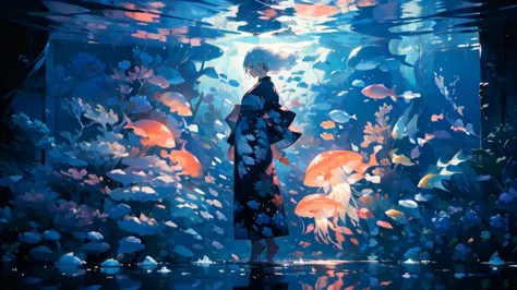 (masterpiece)、(Highest quality)、Very detailed、Perfect Face、(Solo full body shot:1.3)、(In the water:1.4)、Ocean、Coral Reef、Light、b...