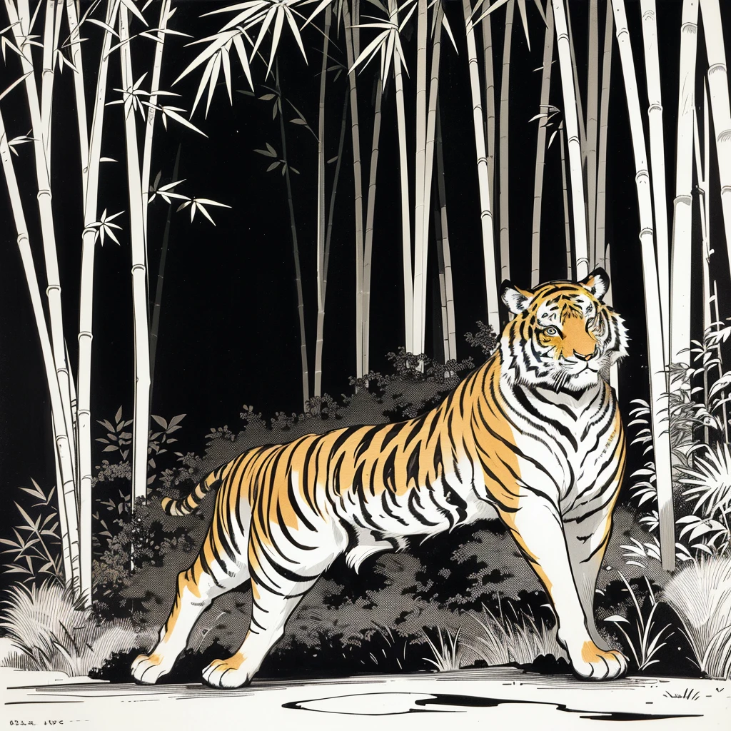 mid century woodcut image, showing a ((tiger)) alone in a (bamboo forest), ((black and white), ink on paper, bold thick lines