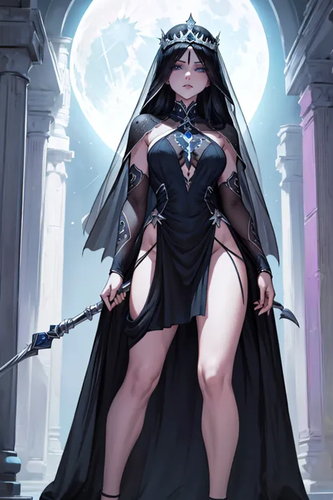human woman, alone, long black hair, ((long dark blue dress, silver armor on the upper body, tiara, black veil, silver shoes)), ...