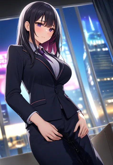 woman, very dark purple hair, purple eyes, long hair, huge breasts, black business suit, two-piece suit, necktie, pencil dress, ...