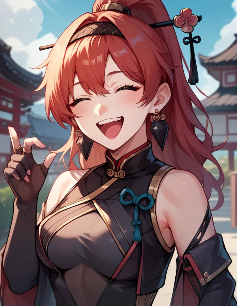 score_9, score_8_up, score_7_up,
 source_anime, y1nl1n, official_costume,happy,cute,laughing,
east asian architecture background,
 hoops earrings 