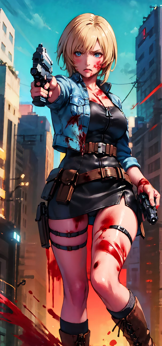 (finely best quality illustration,uhd:1.2), (realistick,attractive mature lady:1.35), 1girl, ayabrea, ash blond hair, Blue eyes, Upturned eyes, (cleavage,medium_breasts:0.7), (thick thighs:1.35), standing, (aiming at viewer,handgun,holding pistol:1.2), panty shot BREAK (Blue) [jean] Jacket, open_jacket, skin-tight black ((zipper)) short dress, belt, (put boots on over (((socks)))),((brown)) lace-up boots,black (socks:1.3), ((thigh holster)), (bleeding from the leg:1.4), from below,(Desert) town