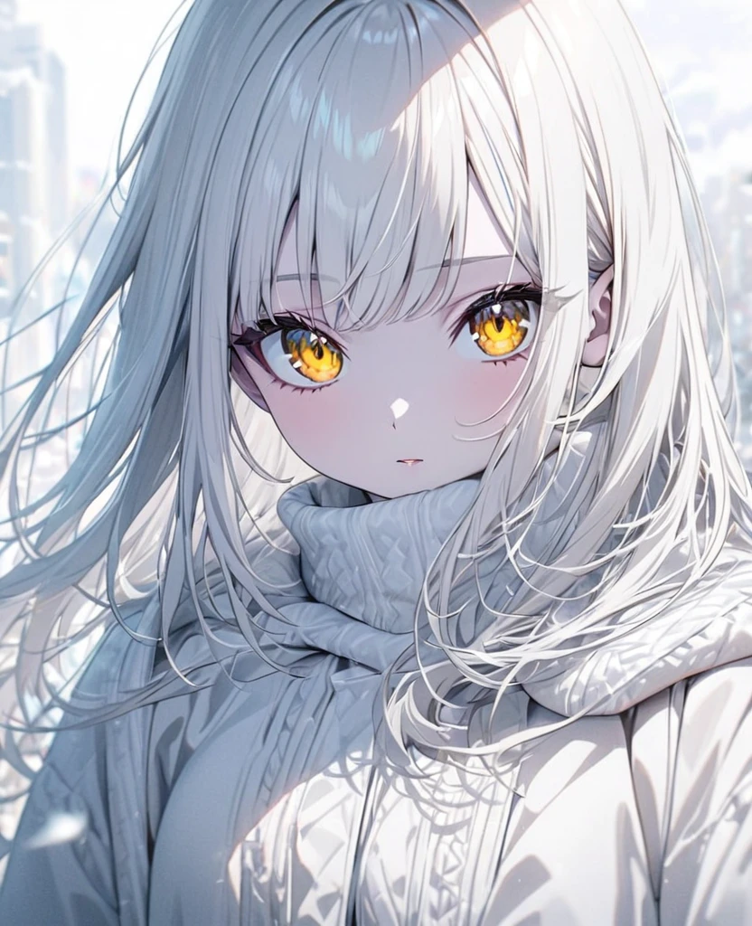 Ein Anime-Mädchen, weißes Haar, gelbe Augen, blasse Haut , Feine und zarte Merkmale, offenes Haar, "weiße Wimpern", Weiße Winterkleidung  , , glattes Haar, , Extrem detailliert, gute Qualität, leuchtende Farben, ,, Teenager, mittlere Brüste, Bild vom Kopf bis zur Taille.