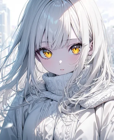 one anime girl, white hair, yellow eyes, pale skin , fine and delicate features, loose hair, "white eyelashes", white winter clo...
