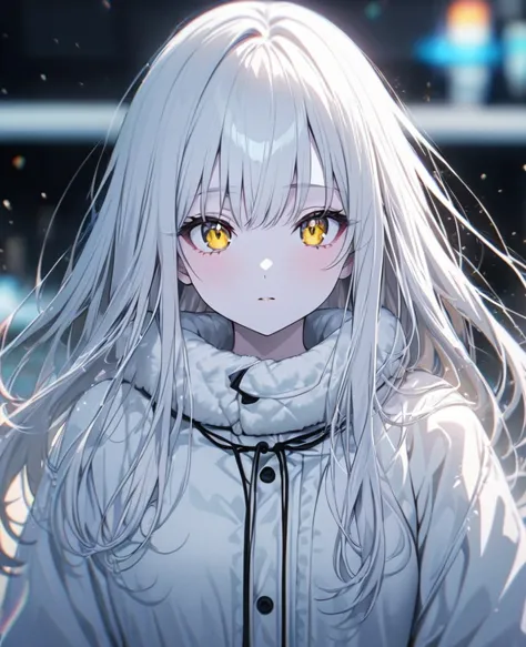 one anime girl, white hair, yellow eyes, pale skin , fine and delicate features, loose hair, "white eyelashes", white winter clo...