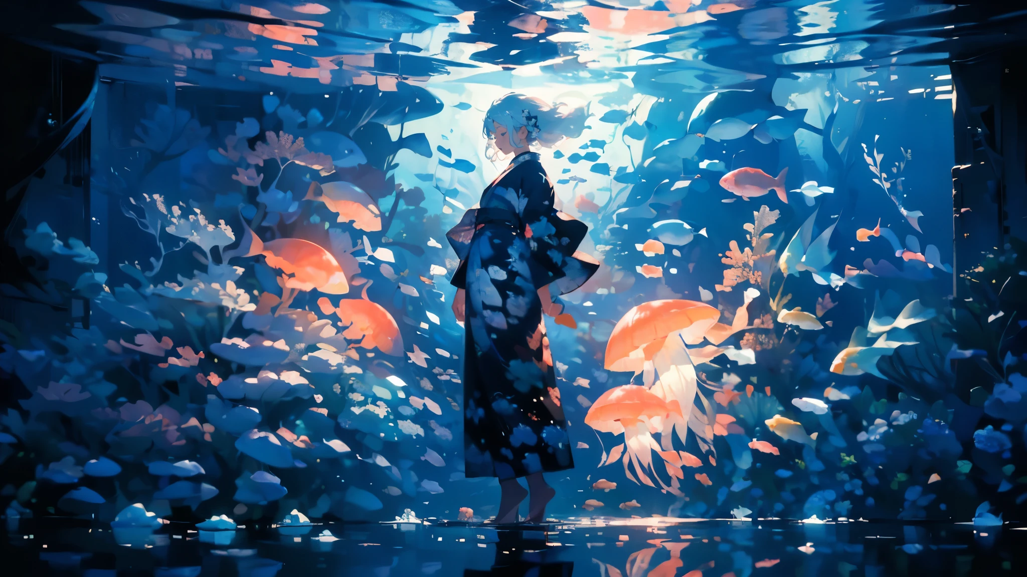 (masterpiece)、(Highest quality)、Very detailed、Perfect Face、(Solo full body shot:1.3)、(In the water:1.4)、Ocean、Coral Reef、Light、bubble、jellyfish、Oceanの藻、(深Ocean:1.4)、Fantasy、Ocean底、Floating objects、kimono、white hair