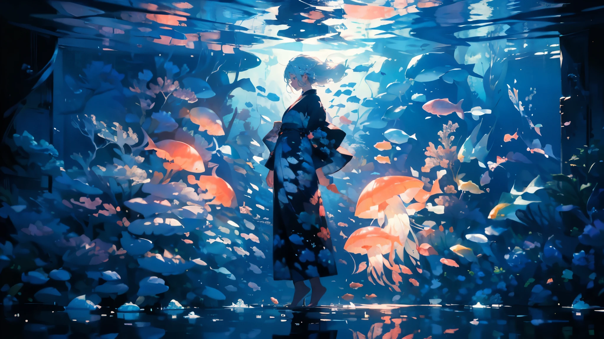 (masterpiece)、(Highest quality)、Very detailed、Perfect Face、(Solo full body shot:1.3)、(In the water:1.4)、Ocean、Coral Reef、Light、bubble、jellyfish、Oceanの藻、(深Ocean:1.4)、Fantasy、Ocean底、Floating objects、kimono、white hair