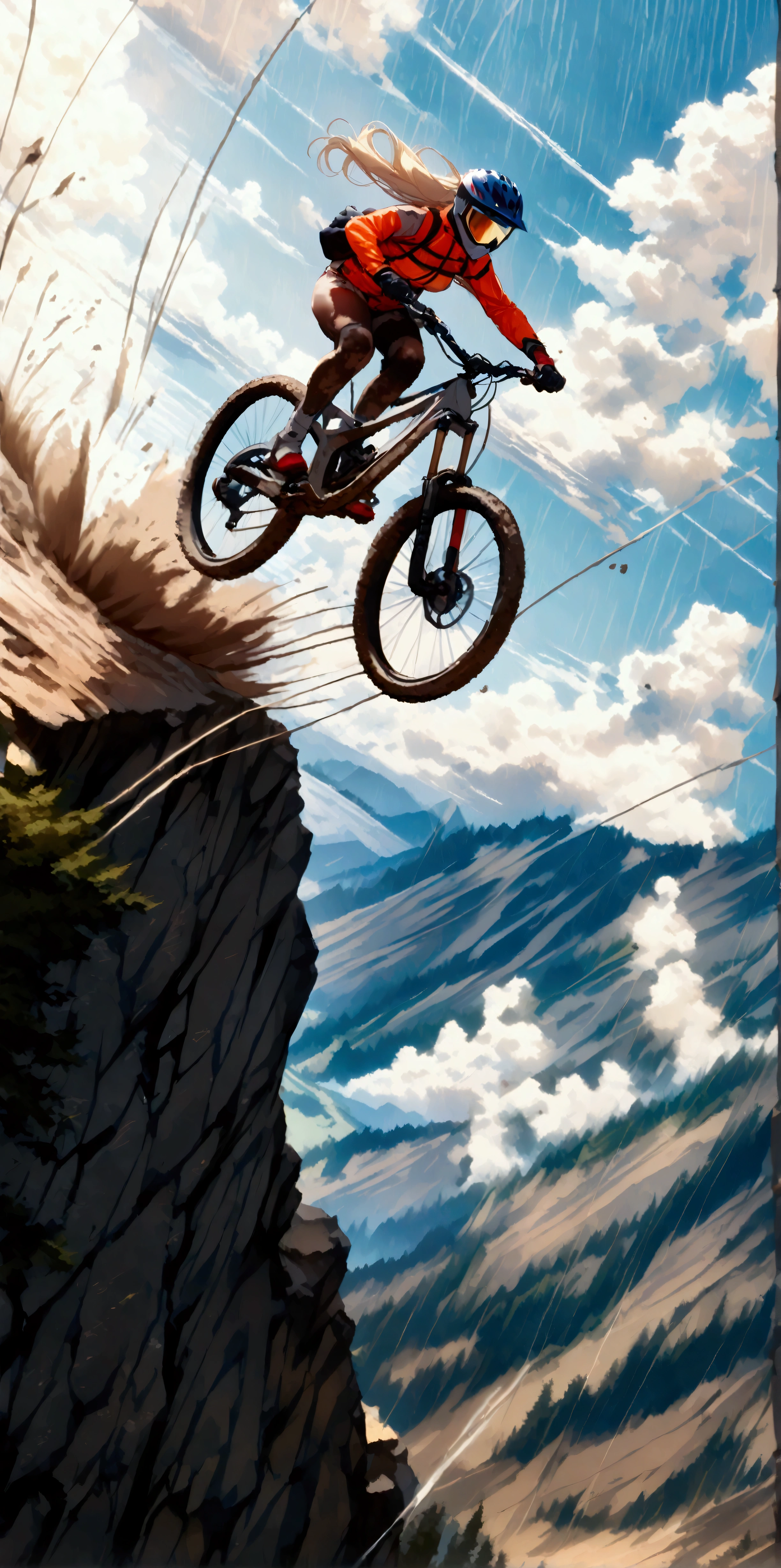 quality\(masterpiece, best quality,8k,wallpaper of extremely detailed CG unit,hight resolution,top-quality,top-quality real texture skin,hyper realisitic,increase the resolution,RAW photos,best qualtiy,highly detailed,the wallpaper\), BREAK ,solo,1girl\(on mountainbike\(motion blur:1.2\), (downhill:1.4), jumping down dangerous cliff, rider, downhill outfit\(full face helmet, mud stains, protector, visor,Goggle\(Prism Spectre reflections\)\),blonde,long hair,floating hair, (dynamic action:1.7)\), BREAK ,background\(nature, heavy cloud, sunlight coming between clouds ,heavy rain, mud, dust,\), (dynamic angle:1.6),longshot,wide shot, landscape,from below